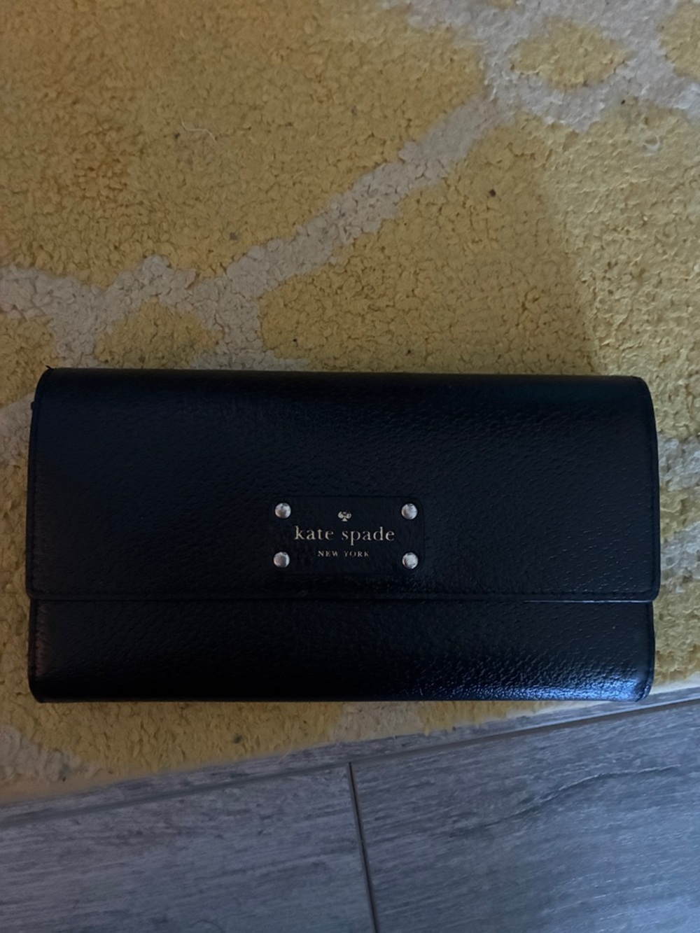 kate spade Black Leather Continental Wallet with Logo Plaque